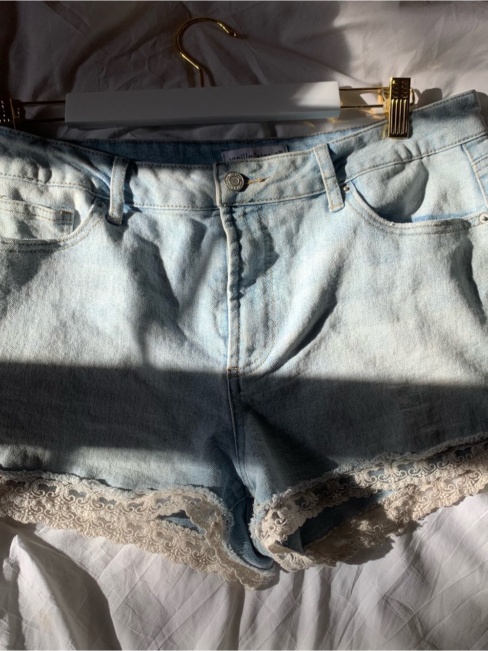 Vanilla Star Light Wash Denim Shorts with Cream Lace Trim